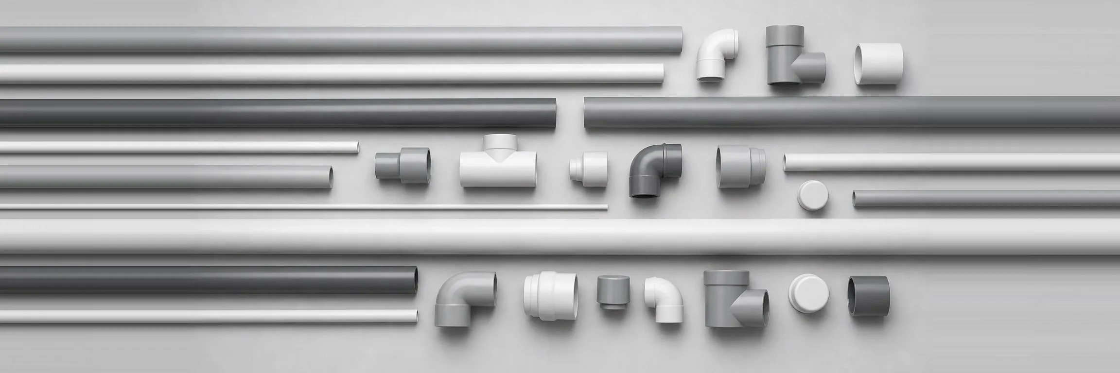 Flat-lay of PVC and CPVC pipes and fittings: elbows, tees, couplings and reducers supplied by Tube TC across Europe